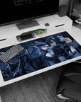 Two fierce anime girls on a desk pad 40x20 inches, snowy specks and sharp shadows in a collage.