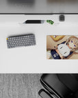 Cozy beige and honey-toned anime girl mouse pad 14x10 inches with soft shadows and calm vibe.