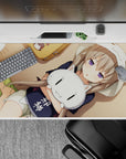 Warm beige and honey anime desk pad 40x20 inches with soft shadows, calming comfy vibe.