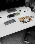 Lavender-eyed anime girl cuddling a white cat plush mouse pad 14x10 inches, ash-brown hair.