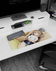 28x12 inches anime mouse pad showing lavender-eyed girl cuddling a white cat plush, tiny blush.