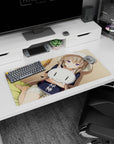 Lavender-eyed anime girl cuddling a white cat plush on a 32x16 inches mouse pad, cute desk decor.