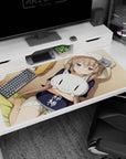 Lavender-eyed anime girl cuddling a white cat plush desk pad 40x20 inches, cute hoodie scene.
