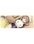 Cozy anime girl hugging white cat plush desk mouse pad, smooth detailed print, 32x12 inches.