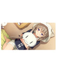 Anime girl hugging sleepy white cat plush desk mouse pad, 32x16 inches, cozy hoodie illustration.
