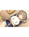 Anime girl desk pad 40x20 inches with cozy hoodie girl hugging a sleepy white cat plush.
