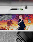 36x16 inches anime desk pad in orange, magenta, and violet sunset gradients with a calm evening mood.