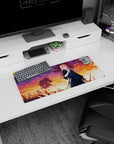 28x12 inches anime mouse pad featuring a pink-haired katana warrior in tall grass under warm sunset skies.
