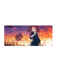 28x12 inches anime girl mouse pad with pink-haired swordswoman at sunset, trees and tall grass silhouettes.