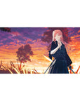 Anime girl desk pad 40x20 inches with pink-haired swordswoman at sunset over grass and trees.