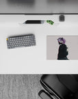 Moody off-white anime mouse pad 14x10 inches in lilac, black ink textures, subtle red glow accents.