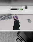 Cyber moody lilac, black, and red glow anime desk pad 36x16 inches, clean off-white backdrop.