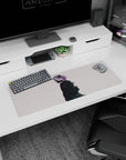 Demon-horned anime girl in a black respirator on a 32x12 inches desk pad with drifting dust flecks.