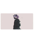 Anime girl mouse pad 32x16 inches with demon-horned lilac-haired girl, respirator mask, cyber details.