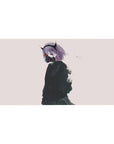 Anime girl desk pad 40x20 inches with demon horns, lilac hair, respirator mask, cyber glow details.