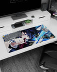 Durable 32x16 inch mouse pad with Giyu Tomioka's water-themed art, bringing intensity to any desk