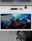 Stormy blue night anime girl mouse pad 32x16 inches with red petals and metallic highlights.