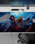 Stormy blue night anime desk pad 40x20 inches with red petals, steel shine, and battle-ready vibes.