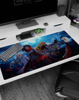 Ruby Rose leads RWBY team on anime desk pad 40x20 inches, set against swirling clouds and petals.