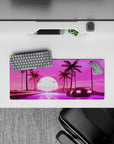 28x12 inches mouse pad with synthwave design, showcasing a retro car, neon road, and glowing retrowave sun for a nostalgic 80s-inspired aesthetic.