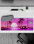 32x12 inches mouse pad with synthwave design, blending a retro car, neon road, palm trees, and glowing sun for a dynamic, 80s-inspired aesthetic.