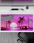 32x16 inches mouse pad with synthwave design, showcasing a retro car, neon-lit road, palm trees, and glowing retrowave sun for a bold aesthetic.
