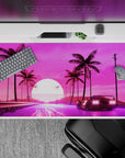 40x20 inches desk pad with synthwave design, showcasing a retro car, neon road, palm trees, and glowing retrowave sun for a bold futuristic flair.