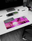 My Hero Academia mouse pad, 28x12 inches, featuring synthwave design with a retro car, neon road, palm trees, and glowing retrowave sun.
