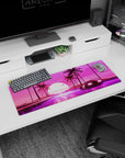 Artistic 32x12 inches mouse pad featuring synthwave design, with a retro car, neon road, and glowing retrowave sun for a bold, futuristic vibe.