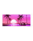 Mouse pad featuring synthwave design, 28x12 inches, with a retro car, neon road, palm trees, and glowing retrowave sun for vibrant energy.
