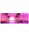 Compact 32x12 inches mouse pad with synthwave design, featuring a retro car, neon road, palm trees, and glowing retrowave sun for vibrant energy.