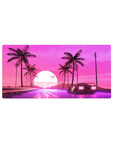 Mouse pad featuring vibrant synthwave design, 32x16 inches, with a retro car, neon road, palm trees, and a glowing retrowave sun.