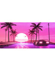 Desk pad featuring synthwave design, 36x16 inches, with a retro car, neon road, palm trees, and glowing retrowave sun for 80s nostalgia.