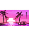 Desk pad featuring vibrant synthwave design, 40x20 inches, with a retro car, neon-lit road, palm trees, and a glowing retrowave sun.