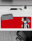 32x12 inches anime desk mat in bold red and black, neon eyes, sweet-yet-dangerous vibe, crisp contrast.