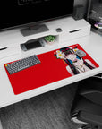 32x16 inches desk mat featuring a black-haired anime girl with teal streaks, finger-to-lip pose.