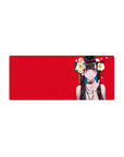 Anime girl mouse pad 28x12 inches with red backdrop, camellia flowers, gold chains, and teal-streaked hair.