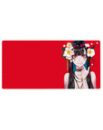 32x16 inches anime girl mouse pad with red backdrop, camellias, gold chains, and teal-streaked hair.
