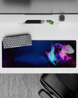 Intense 32x12 desk mat features glowing neon and deep space with intricate astronaut details for fans of synthwave