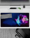 Bold 32x16 desk mat combines deep blues, neon accents, and retro sun for impactful yet stylish visuals