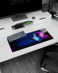 Dynamic Neon Astronaut artwork on 28x12 desk mat perfect for celebrating 80s futurism and space exploration