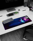 Small but impactful 32x12 desk mat showcases retro-futuristic space vibes with striking neon artistry