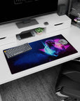 Futuristic space design on 32x16 desk mat brings Neon Astronaut's vibrant aesthetic to life vividly