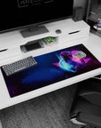 Dynamic artwork on 36x16 desk mat captures the essence of synthwave and space dreams with vivid colors and retro vibes