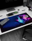 Retrowave design on 40x20 desk mat perfect for adding futuristic energy and cosmic flair to your workspace or setup