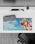28x12 inches anime girl mouse pad in sky blue and cloud tones with hibiscus red accents, sunny summer vibe.