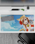 Summer vibe anime girl mouse pad 32x16 inches in sky blue clouds with hibiscus red accents.