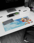 32x12 inches mouse pad showing a cat-eared anime beach girl with bell choker and distant ocean floaty.