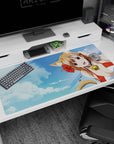 Cat-eared anime beach girl desk pad 40x20 inches with sandy hair, glossy bell choker, distant floaty.