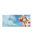 28x12 inches anime girl mouse pad with cat-eared beach girl, glossy bell choker, ocean horizon backdrop.
